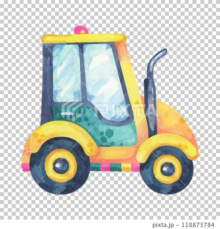 Tractor in green and yellow colors, cartoon style car. Construction site vehicle or farmhouse transport , ideal for farm-themed designs, children's clothes, or agricultural educational content 118873784