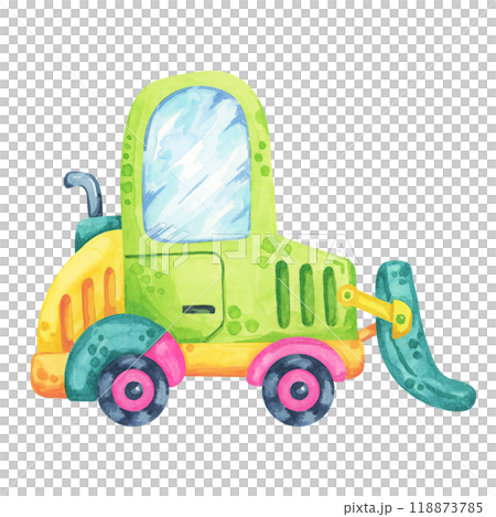 Forklift in green and yellow colors, cartoon style car. Construction site vehicle watercolor clipart, suitable for warehouse-themed designs, children's materials, or roadworks illustrations. 118873785
