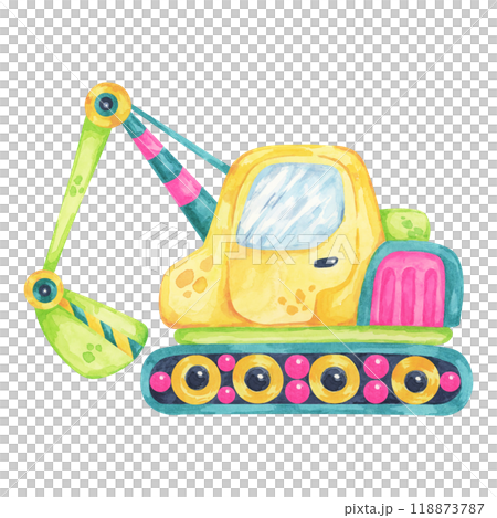 Excavator truck in cartoon style with yellow and green colors. Building site vehicle watercolor clipart suitable for construction-themed illustrations, children's rooms, or educational content Excavator truck in cartoon style with yellow and green colors. Building site vehicle watercolor clipart suitable for construction-themed illustrations, children's rooms, or educational content 118873787