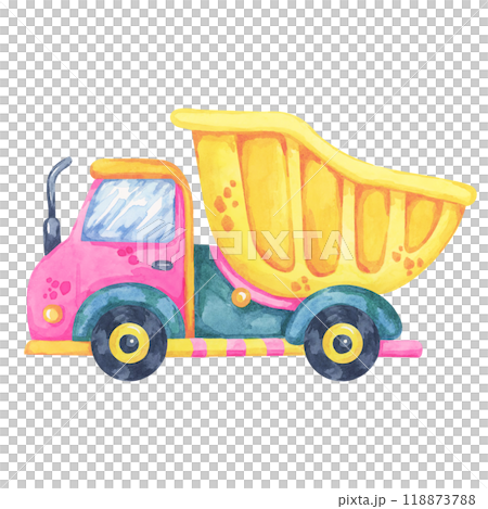 Dump truck car in cartoon style with yellow and pink accents. Building site vehicle, traffic watercolor clipart perfect for construction-themed designs, kids' room decor, or educational resources. Dump truck car in cartoon style with yellow and pink accents. Building site vehicle, traffic watercolor clipart perfect for construction-themed designs, kids' room decor, or educational resources. 118873788