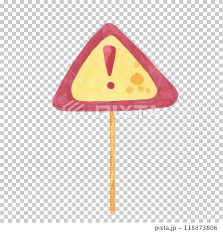 Triangular yellow and red caution sign with an exclamation mark, done in cartoon style. Watercolor clipart Perfect for safety-themed designs, educational content, or traffic, construction projects 118873806