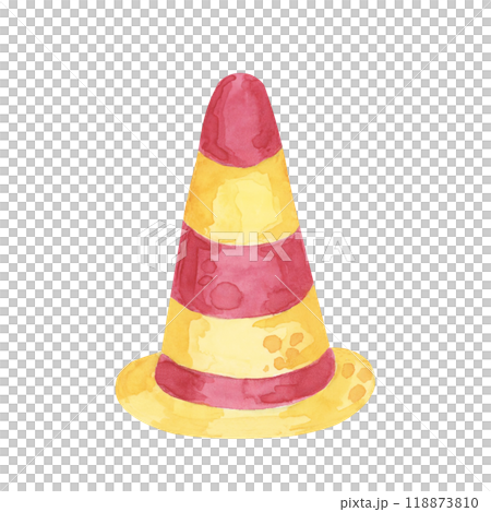 Traffic cone with red and yellow stripes in cartoon style. Watercolor clipart perfect for use in educational resources, construction-themed decorations, traffic or safety materials Traffic cone with red and yellow stripes in cartoon style. Watercolor clipart perfect for use in educational resources, construction-themed decorations, traffic or safety materials 118873810
