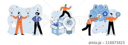 Thought process vector illustration. Brainstorming sessions illuminate path to creative solutions Solutions evolve through process intelligent analysis Learning enhances intelligence applied Thought process vector illustration. Brainstorming sessions illuminate path to creative solutions Solutions evolve through process intelligent analysis Learning enhances intelligence applied 118873823