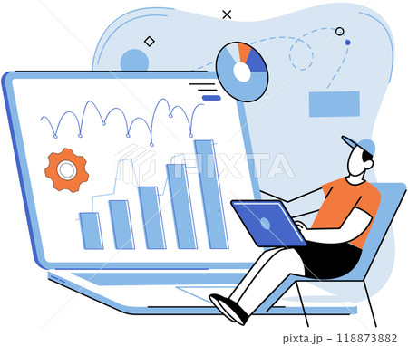 Person using laptop surrounded by business icons, work with digital technology, remote office. Businessman or freelancer with computer searching for information. Technical analysis research concept 118873882