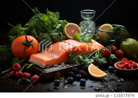 fillet of fish, with vegetables and herbs served on a plate with herbs, a delicious dish 118873976