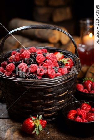still life with raspberries, blackberries and strawberries, fresh juicy berries, in a basket, on a dark background, rustic vintage style, the concept of fresh and healthy food still life with raspberries, blackberries and strawberries, fresh juicy berries, in a basket, on a dark background, rustic vintage style, the concept of fresh and healthy food 118873998