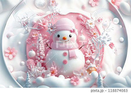 3D可愛いピンク雪だるまのイラスト素材 [118874083] - PIXTA