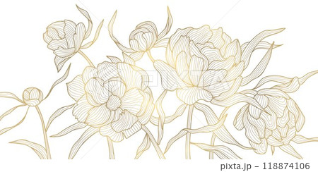 Vector golden flowers line background, gold peonies wallpaper. Vintage nature ornament, bloom luxury wedding graphic, botanical japanese pattern. 118874106
