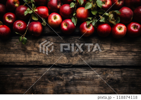 still life with apples on a dark old wooden background with blank space, rural vintage style, the concept of fresh and healthy food 118874118
