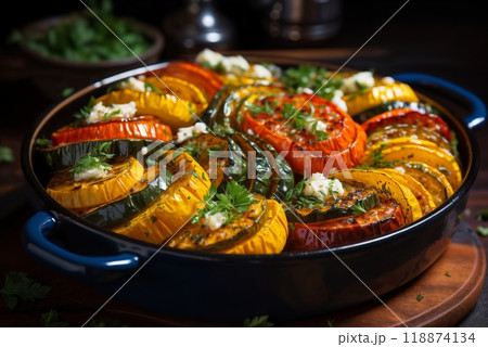 frying pan with fried zucchini, tomatoes, herbs and vegetables, delicious food 118874134