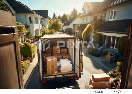truck and boxes near the house, moving to another house 118874135