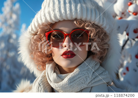 Portrait of a fashionable and elegant girl in a winter forest, face makeup, red lips and glasses, hairstyle, bright snow and tree shadows, style and fashion 118874200
