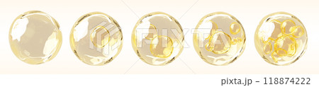 Gold liquid drops of oil or collagen serum isolated 3d render icon set. Yellow fluid cosmetic spheres, vitamin essence or hyaluronic acid bubbles, clear beauty skincare product balls. 3D illustration 118874222
