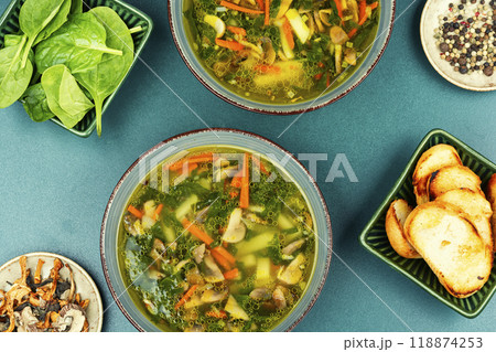 Vegetarian soup with croutons. Vegetarian soup with croutons. 118874253