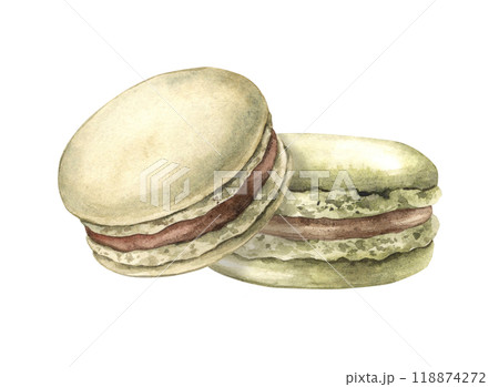 Pistachio macaroons with chocolate filling. Watercolor hand-drawn composition on an isolated background for tea or breakfast with coffee, Suitable for the design of shops, cafes, packaging, postcards 118874272