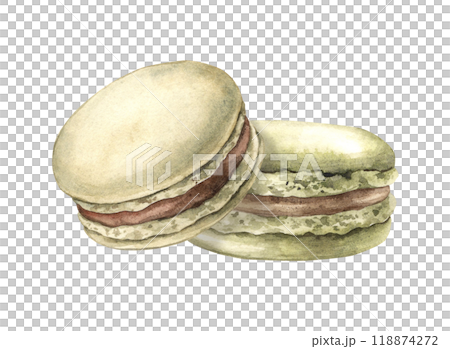 Pistachio macaroons with chocolate filling. Watercolor hand-drawn composition on an isolated background for tea or breakfast with coffee, Suitable for the design of shops, cafes, packaging, postcards 118874272