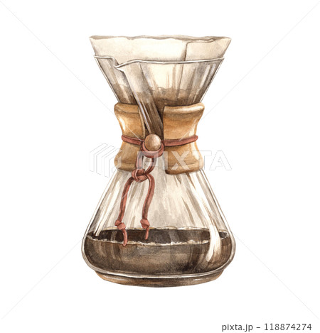 Coffee maker for brewing filtered coffee from a glass flask in the shape of an hourglass with a paper filter and black coffee. Watercolor illustration for the design of shops, cafes, banners, postcard Coffee maker for brewing filtered coffee from a glass flask in the shape of an hourglass with a paper filter and black coffee. Watercolor illustration for the design of shops, cafes, banners, postcard 118874274