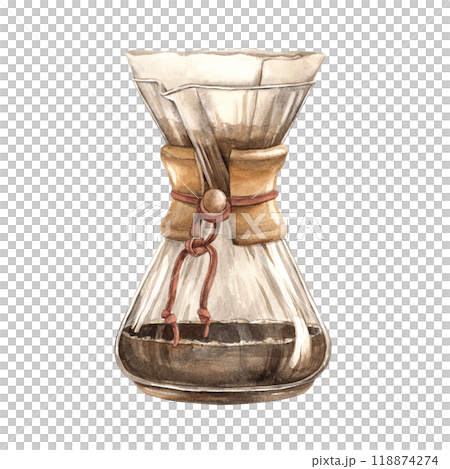 Coffee maker for brewing filtered coffee from a glass flask in the shape of an hourglass with a paper filter and black coffee. Watercolor illustration for the design of shops, cafes, banners, postcard Coffee maker for brewing filtered coffee from a glass flask in the shape of an hourglass with a paper filter and black coffee. Watercolor illustration for the design of shops, cafes, banners, postcard 118874274