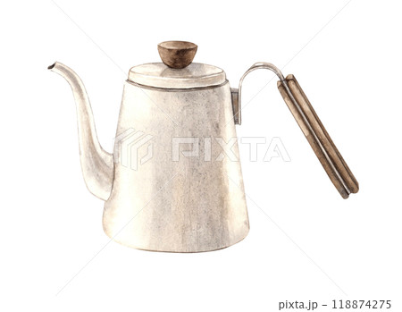 Ceramic teapot for hot water. Watercolor illustration of a teapot for making coffee or tea, hand drawn on an isolated background. For the design of shops, cafes, banners, postcards, invitations Ceramic teapot for hot water. Watercolor illustration of a teapot for making coffee or tea, hand drawn on an isolated background. For the design of shops, cafes, banners, postcards, invitations 118874275