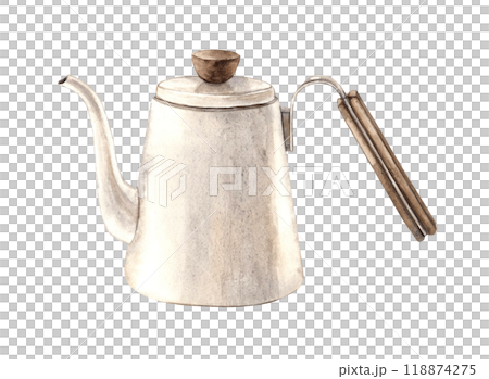 Ceramic teapot for hot water. Watercolor illustration of a teapot for making coffee or tea, hand drawn on an isolated background. For the design of shops, cafes, banners, postcards, invitations Ceramic teapot for hot water. Watercolor illustration of a teapot for making coffee or tea, hand drawn on an isolated background. For the design of shops, cafes, banners, postcards, invitations 118874275