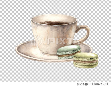 Ceramic mug with aromatic coffee and pistachio macaroons with chocolate filling. Watercolor composition of tea or breakfast with coffee, suitable for decorating shops, cafes, packaging, postcards Ceramic mug with aromatic coffee and pistachio macaroons with chocolate filling. Watercolor composition of tea or breakfast with coffee, suitable for decorating shops, cafes, packaging, postcards 118874281
