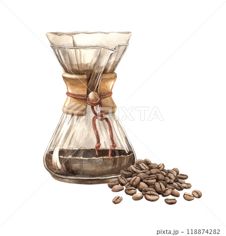 Coffee maker for brewing filter coffee from a glass flask with a paper filter and processed roasted beans. Watercolor hand-drawn illustration for the design of shops, cafes, banners, postcards 118874282