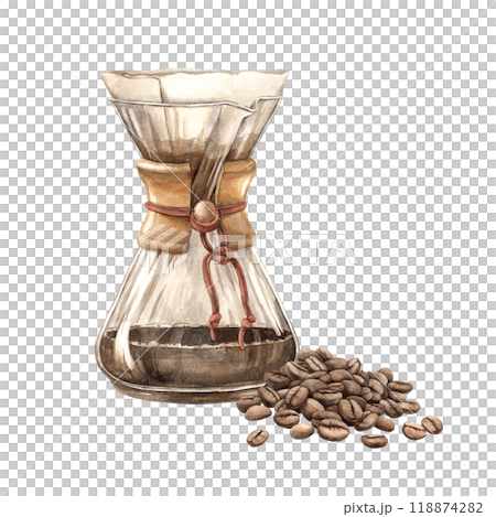 Coffee maker for brewing filter coffee from a glass flask with a paper filter and processed roasted beans. Watercolor hand-drawn illustration for the design of shops, cafes, banners, postcards 118874282