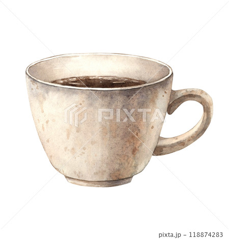 A mug of aromatic hot coffee in a ceramic white cup. Watercolor illustration hand-drawn on an isolated background. The drawing is suitable for decorating coffee shops, restaurants, menus, postcards 118874283