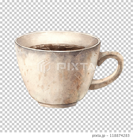 A mug of aromatic hot coffee in a ceramic white cup. Watercolor illustration hand-drawn on an isolated background. The drawing is suitable for decorating coffee shops, restaurants, menus, postcards 118874283