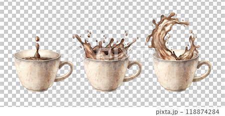 A mug of aromatic hot coffee with splashes. Watercolor set of illustrations with mugs on an isolated background. The drawing is suitable for decorating coffee shops, restaurants, menus, postcards 118874284