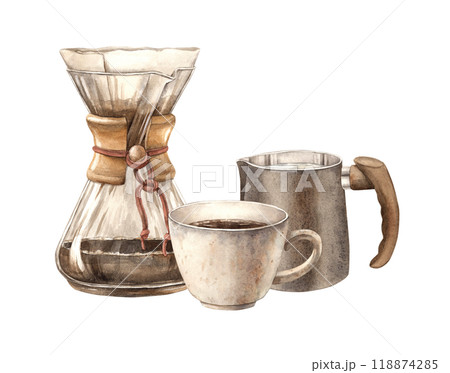 Coffee maker for brewing filter coffee with a paper filter. Processed roasted beans and a cup of aromatic coffee. Watercolor hand-drawn illustration for the design of shops, cafes, banners, postcards Coffee maker for brewing filter coffee with a paper filter. Processed roasted beans and a cup of aromatic coffee. Watercolor hand-drawn illustration for the design of shops, cafes, banners, postcards 118874285