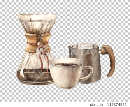 Coffee maker for brewing filter coffee with a paper filter. Processed roasted beans and a cup of aromatic coffee. Watercolor hand-drawn illustration for the design of shops, cafes, banners, postcards Coffee maker for brewing filter coffee with a paper filter. Processed roasted beans and a cup of aromatic coffee. Watercolor hand-drawn illustration for the design of shops, cafes, banners, postcards 118874285