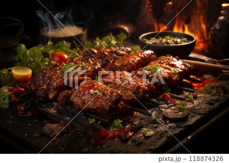 cooking meat with vegetables and herbs on fire, barbecue, flames and smoke, delicious food 118874326