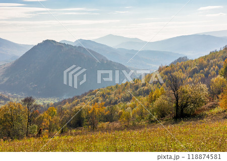 mountainous rural landscape with forest in autumn. trees on the hill in colorful foliage. sunny day. village in the valley 118874581
