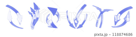3d set of glass blue arrows isolated render icon. Realistic glossy curved direction pointer up, down, left and right. Double, triple and circle sign for navigation and infographic. 3D illustration 118874686