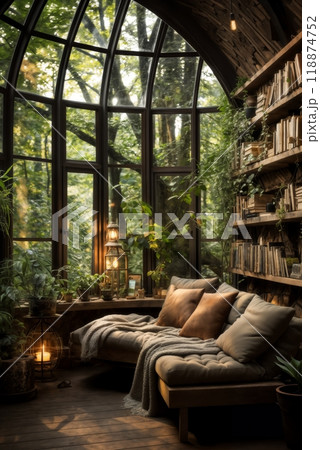 living room with modern furniture and large panoramic windows in the forest, integration with nature 118874752