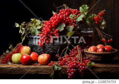still life with bunches of grapes, berries and fresh and juicy fruits against a dark old wooden background, rural vintage style, the concept of fresh and healthy food 118874753