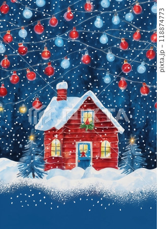 winter village with Christmas decorations, background for New year celebrations, winter fairy tale 118874773