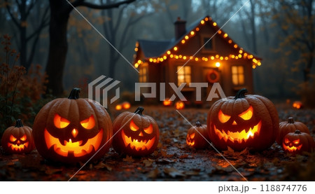 a house decorated with pumpkins and decorations and lights for the Halloween holiday, a rural house in the night forest, autumn nature 118874776