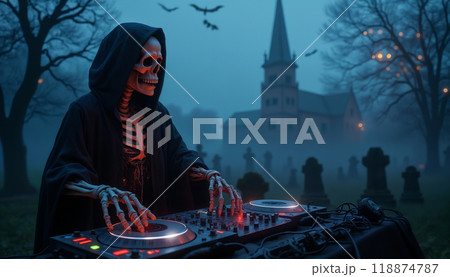 A skeleton DJ in a hoodie, making a party and playing on the DJ console, in a cemetery at night, against the background of a gloomy environment of nature and an old church A skeleton DJ in a hoodie, making a party and playing on the DJ console, in a cemetery at night, against the background of a gloomy environment of nature and an old church 118874787