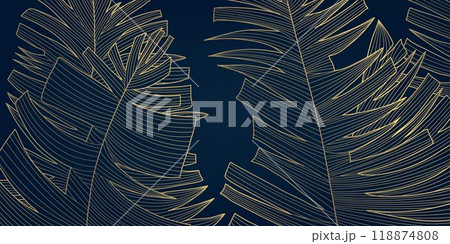 Vector golden banana leaves illustration, luxury tropic nature pattern. Floral line design, spa print, premium vintage foliage wallpaper 118874808