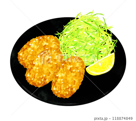 牡蠣フライ定食　料理・食べ物の手描き水彩イラスト素材 118874849