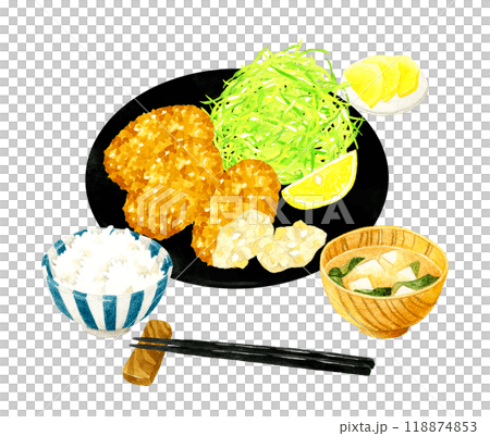 Oyster fried set meal (rice, miso soup, and pickles included) Hand-drawn watercolor illustration of food 118874853