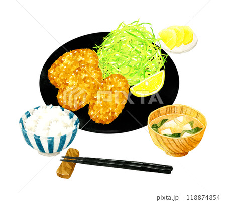 牡蠣フライ定食（ごはん・味噌汁・漬け物もセット）　料理・食べ物の手描き水彩イラスト素材 118874854