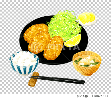 Oyster fried set meal (rice, miso soup, and pickles included) Hand-drawn watercolor illustration of food 118874854