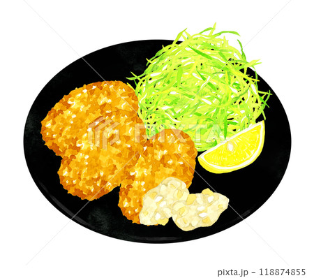 牡蠣フライ定食（タルタルソース付き）　料理・食べ物の手描き水彩イラスト素材 118874855