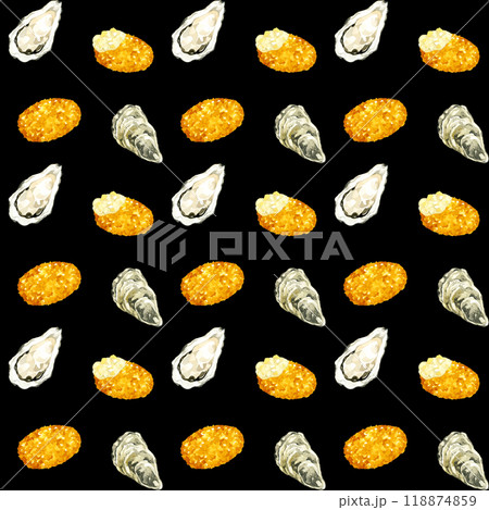 牡蠣と牡蠣フライのシームレスパターン 手描き水彩イラストの食べ物柄 牡蠣と牡蠣フライのシームレスパターン 手描き水彩イラストの食べ物柄 118874859