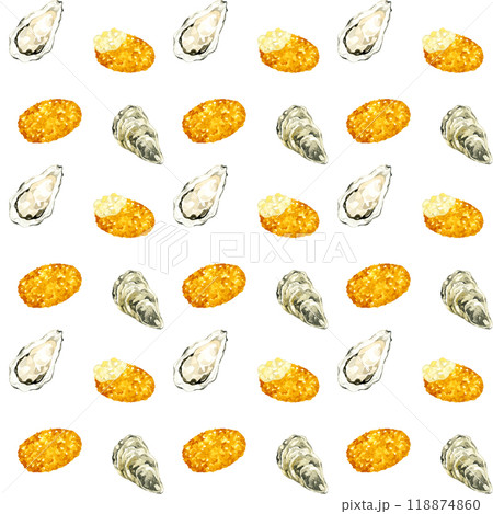 牡蠣と牡蠣フライのシームレスパターン　手描き水彩イラストの食べ物柄 118874860