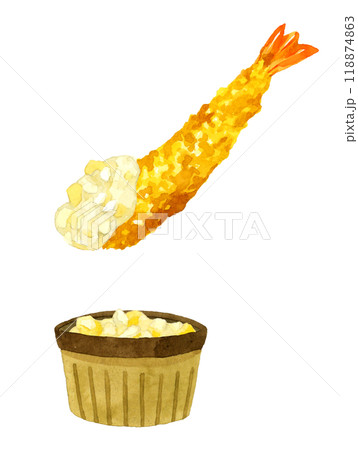 エビフライ（タルタルソース付き）　料理・食べ物の手描き水彩イラスト素材 118874863