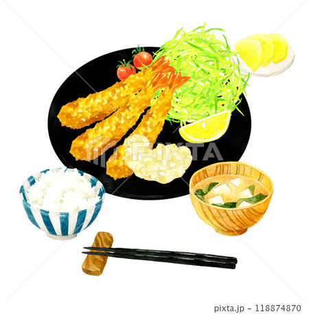 エビフライ定食（ごはん・味噌汁・漬け物もセット）　料理・食べ物の手描き水彩イラスト素材 118874870